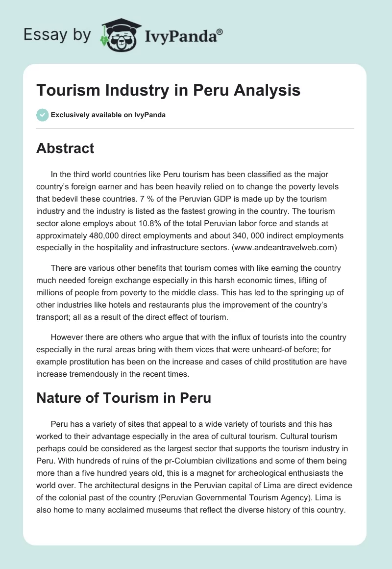 Tourism Industry in Peru Analysis. Page 1