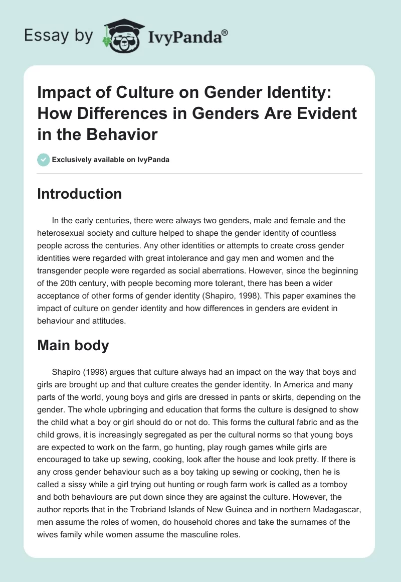 Impact of Culture on Gender Identity: How Differences in Genders Are Evident in the Behavior. Page 1