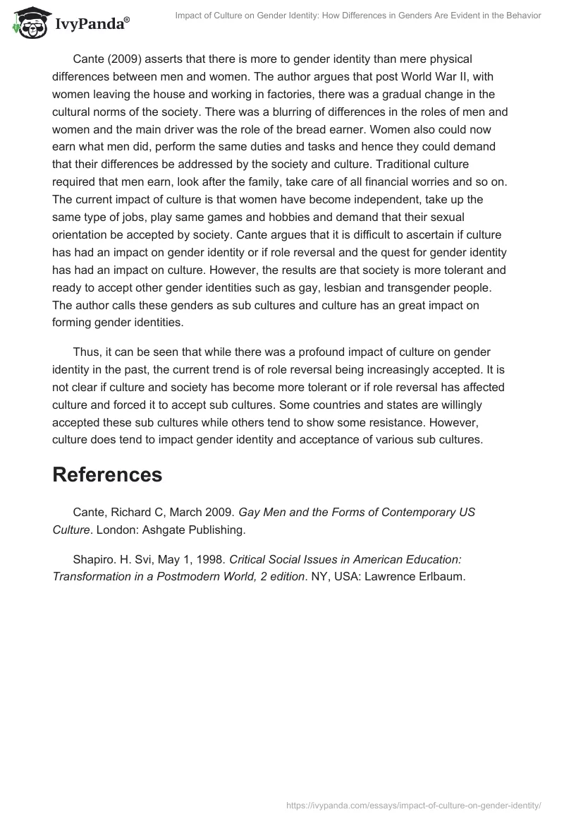 Impact of Culture on Gender Identity: How Differences in Genders Are Evident in the Behavior. Page 2