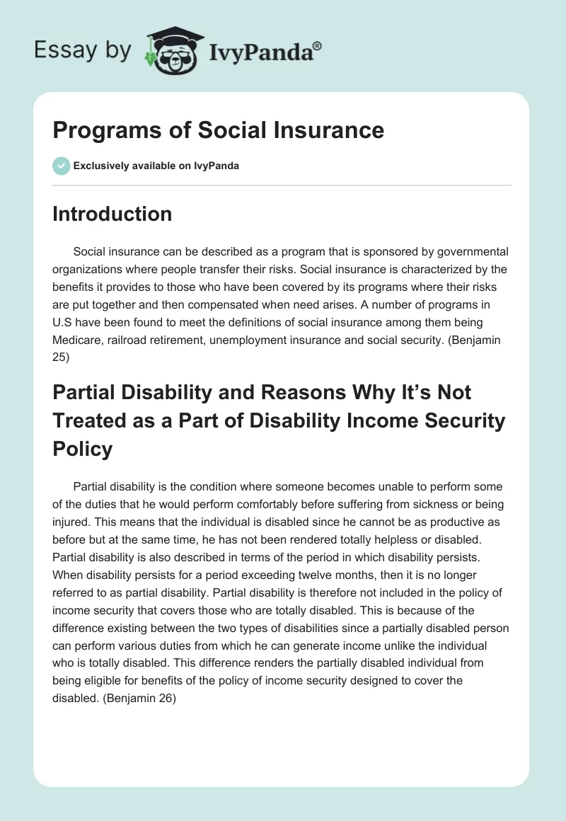 Programs of Social Insurance. Page 1