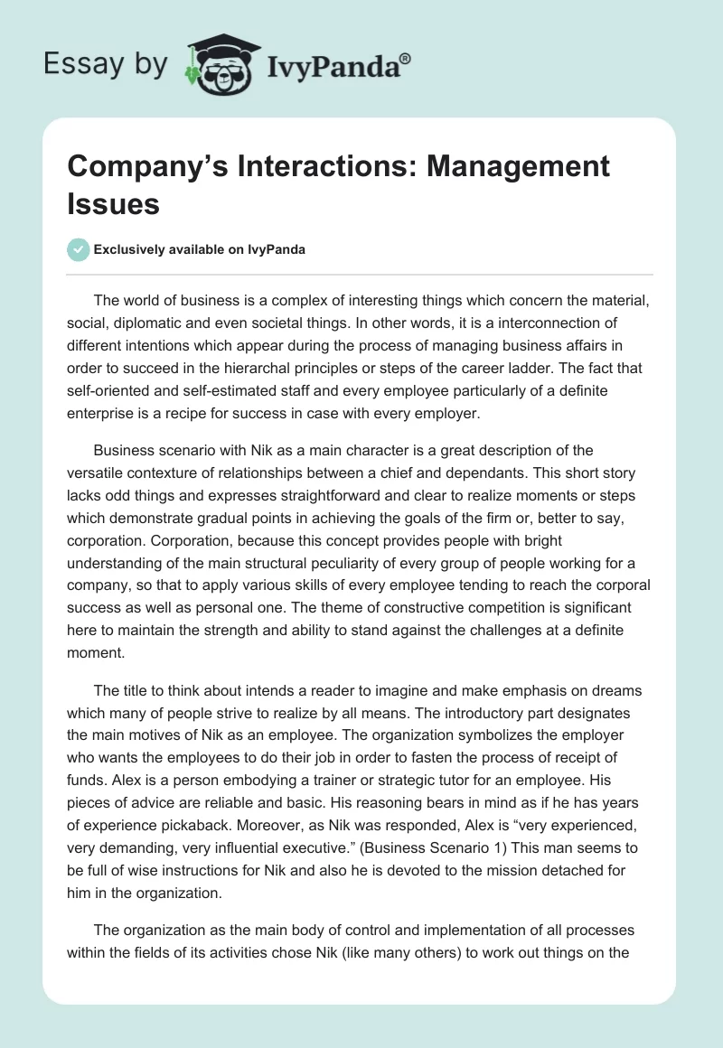 Company’s Interactions: Management Issues. Page 1