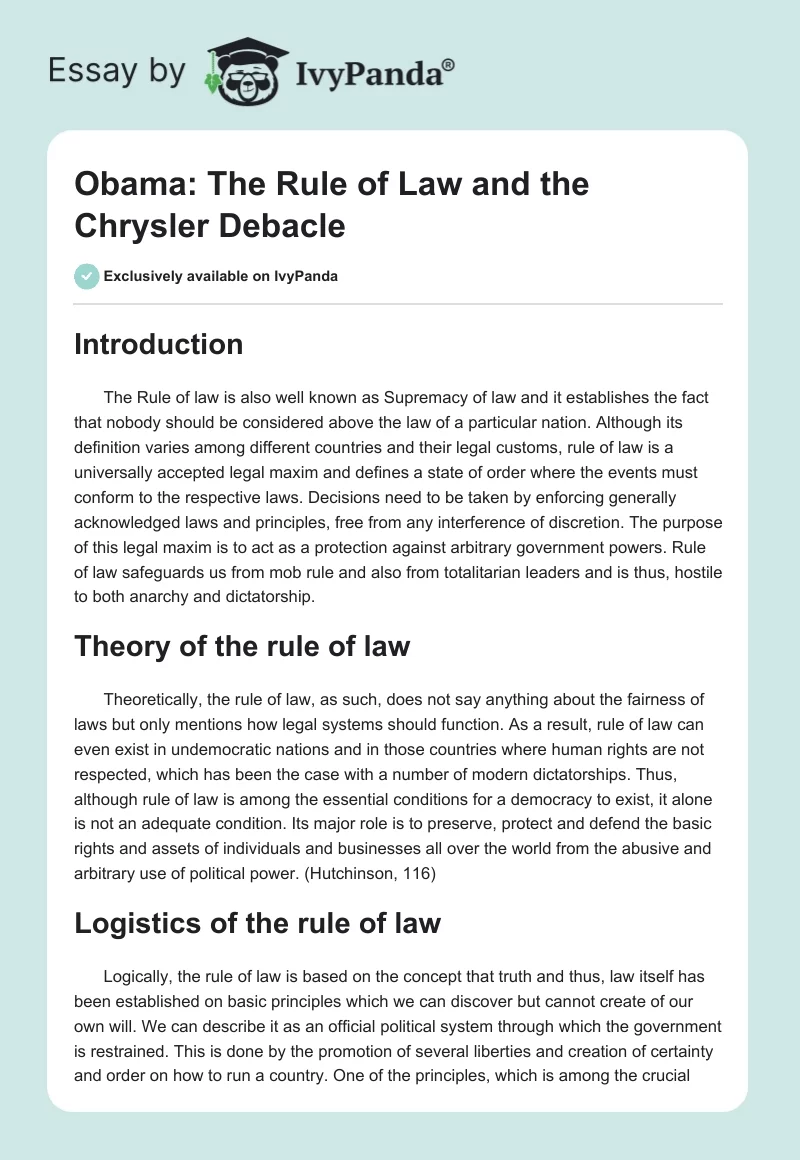 Obama: The Rule of Law and the Chrysler Debacle. Page 1