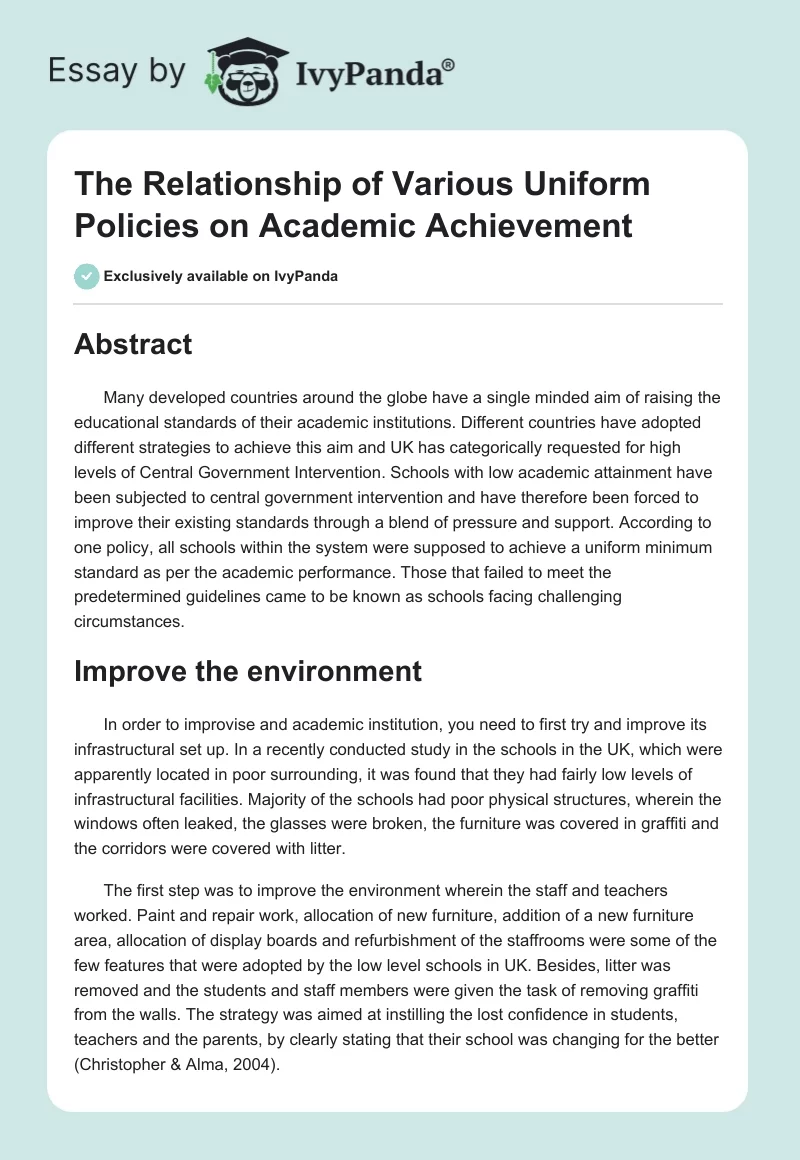 The Relationship of Various Uniform Policies on Academic Achievement. Page 1