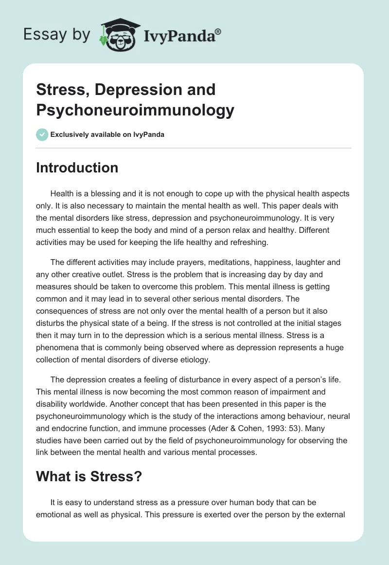 Stress, Depression and Psychoneuroimmunology. Page 1