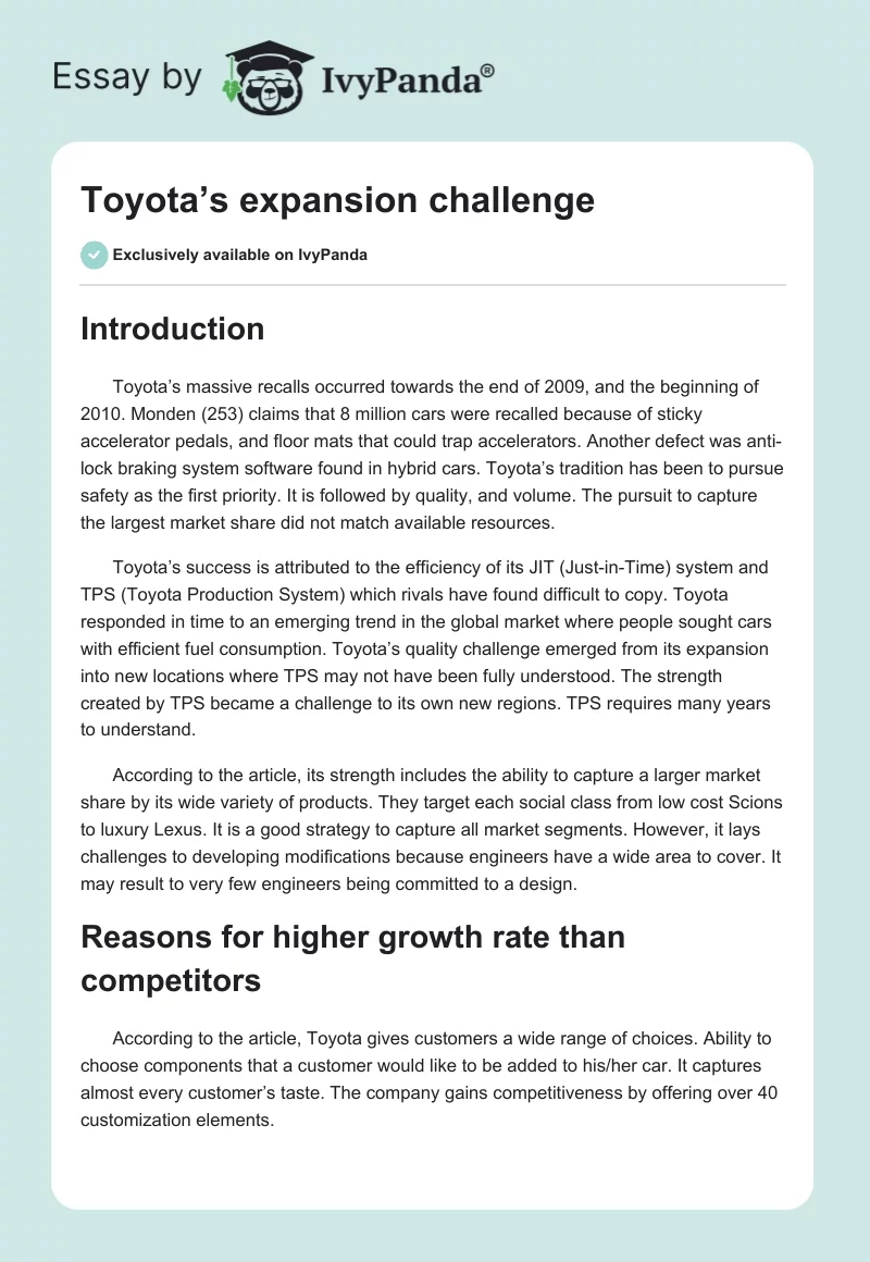 Toyota’s Expansion Challenge. Page 1