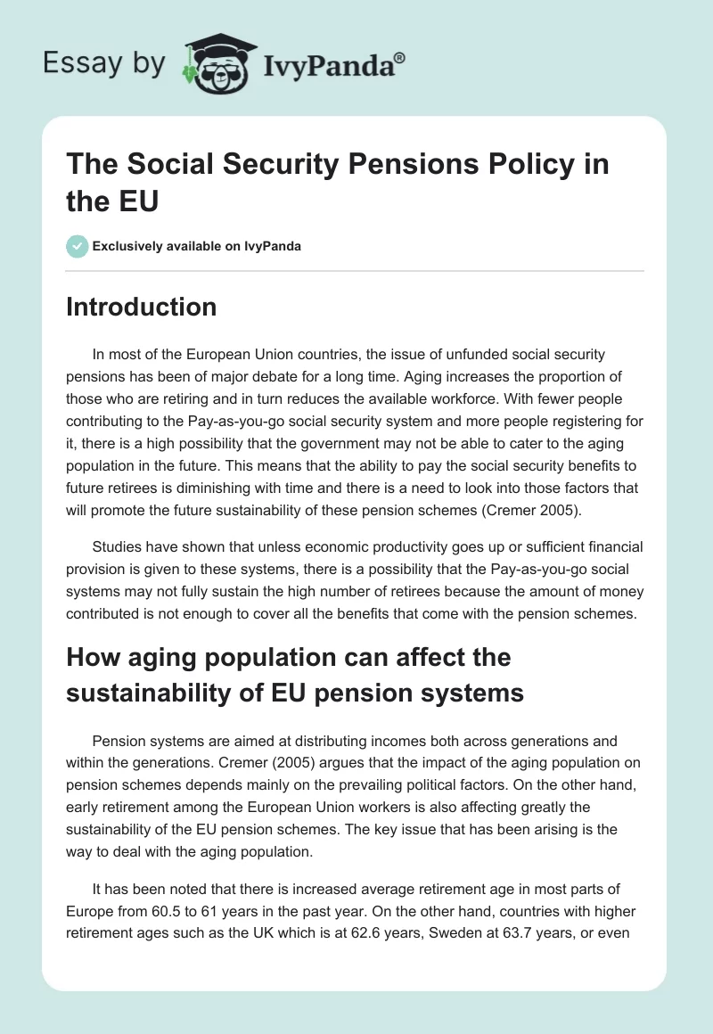 The Social Security Pensions Policy in the EU. Page 1