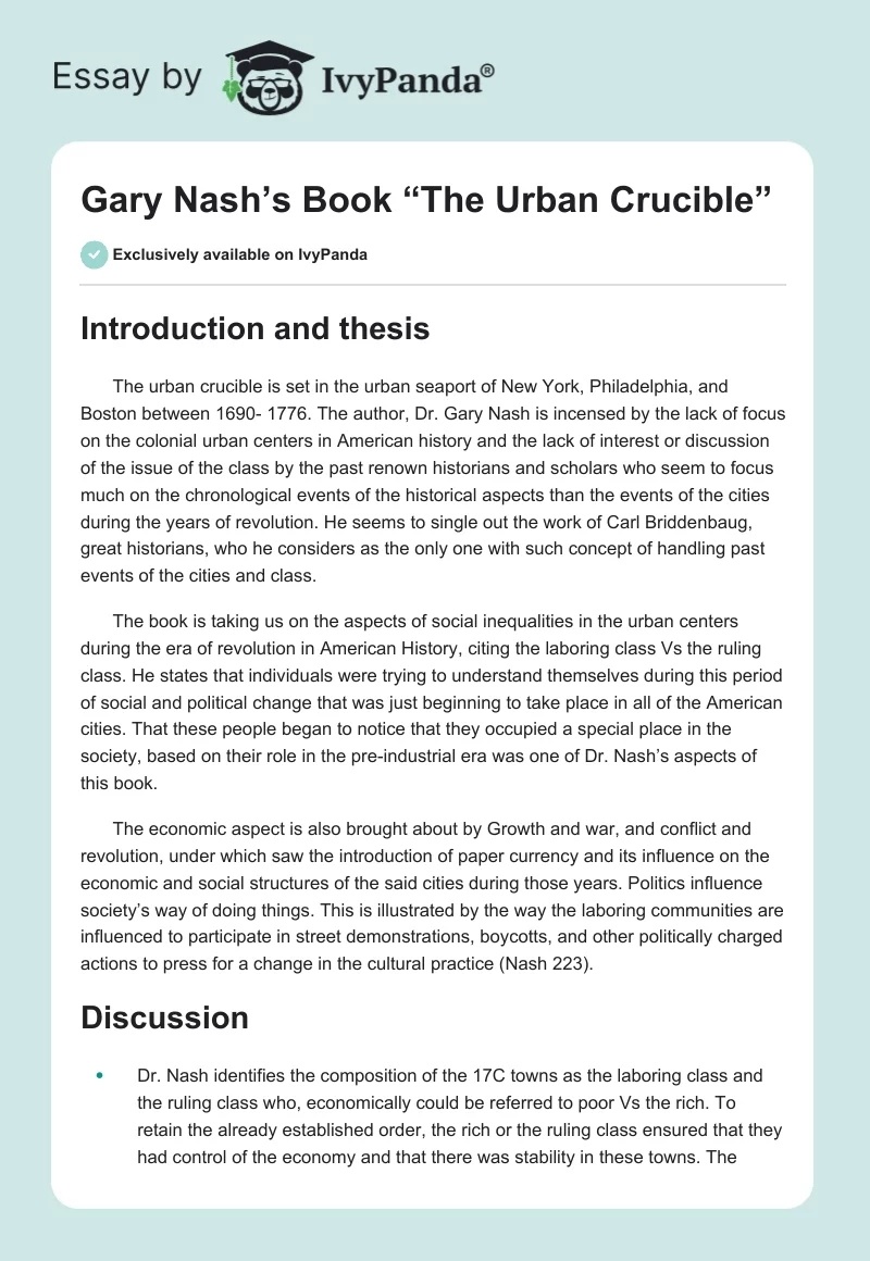 Gary Nash’s Book “The Urban Crucible”. Page 1