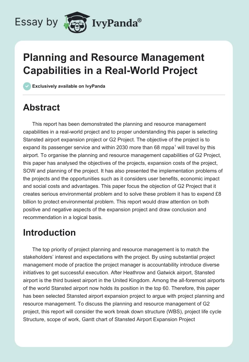Planning and Resource Management Capabilities in a Real-World Project. Page 1