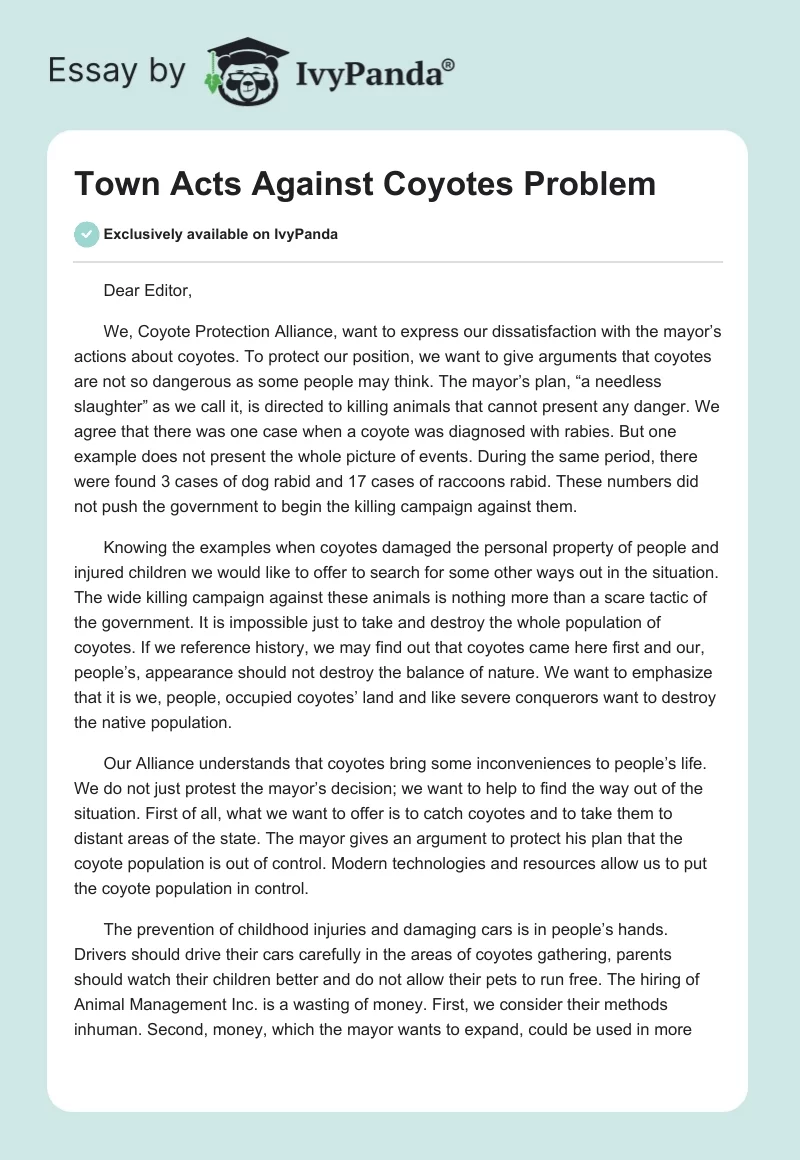Town Acts Against Coyotes Problem. Page 1