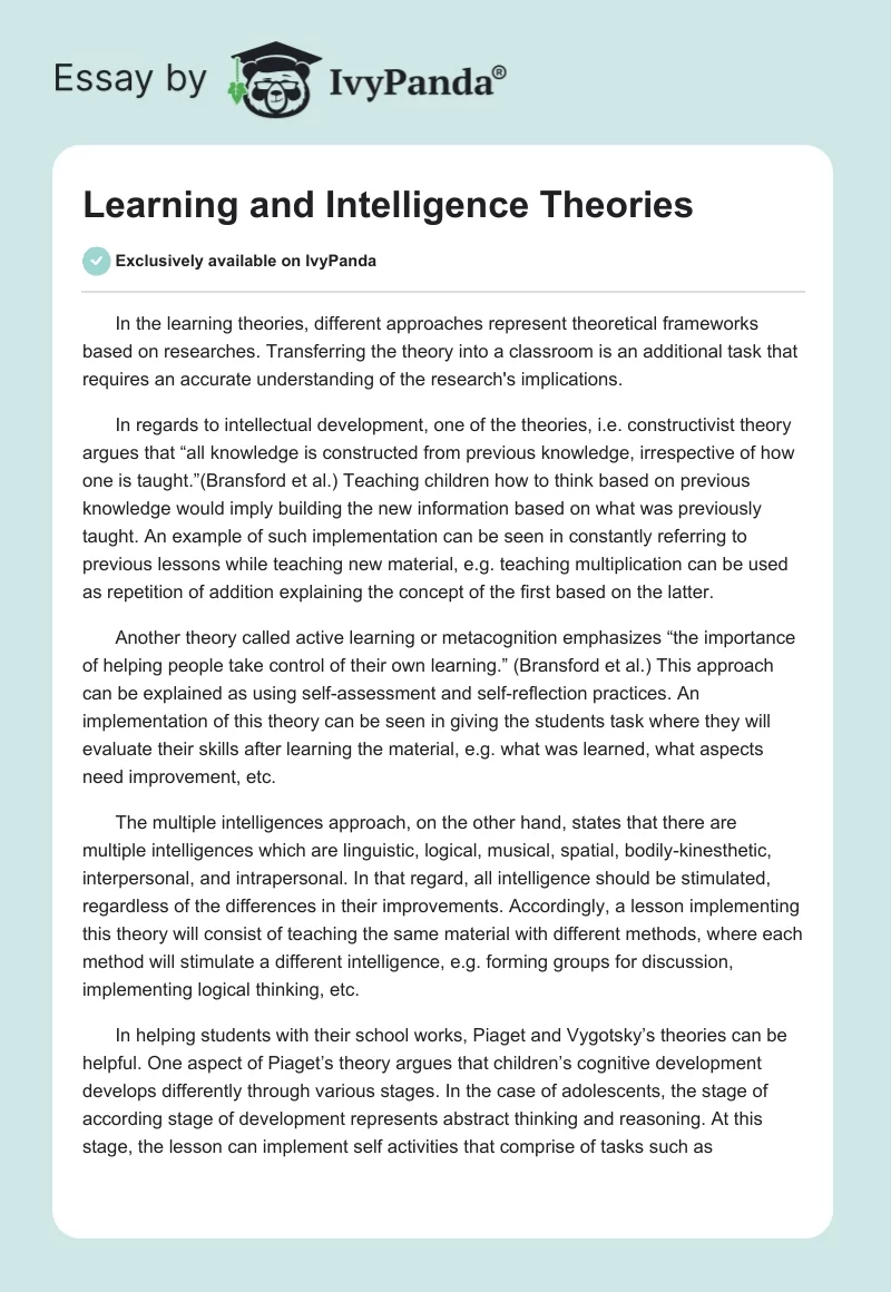 Learning and Intelligence Theories. Page 1