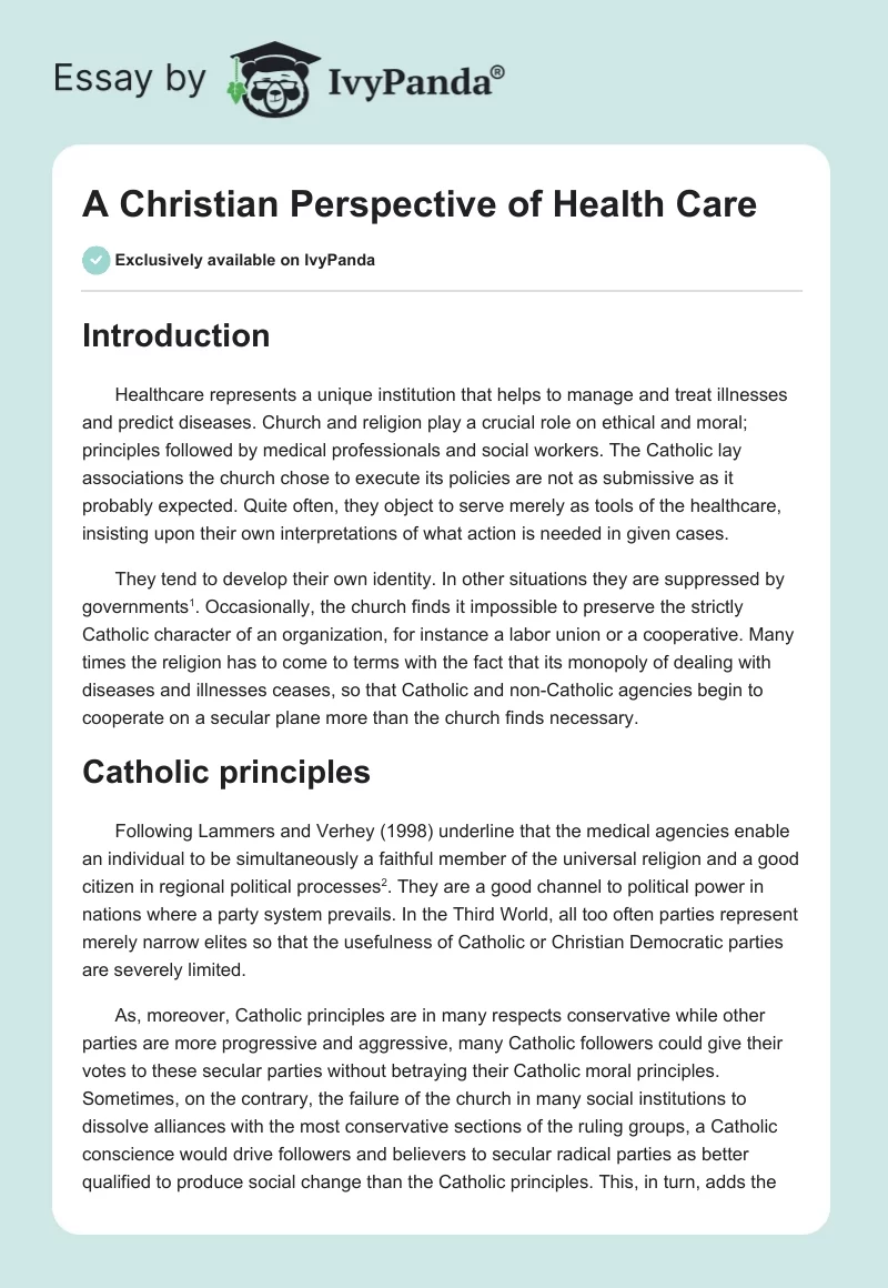 A Christian Perspective of Health Care. Page 1