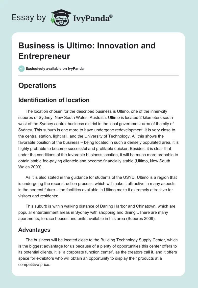 Business is Ultimo: Innovation and Entrepreneur. Page 1