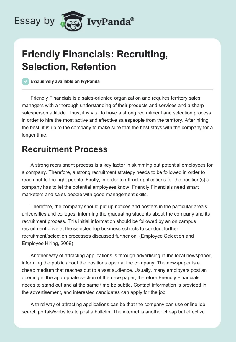 Friendly Financials: Recruiting, Selection, Retention. Page 1