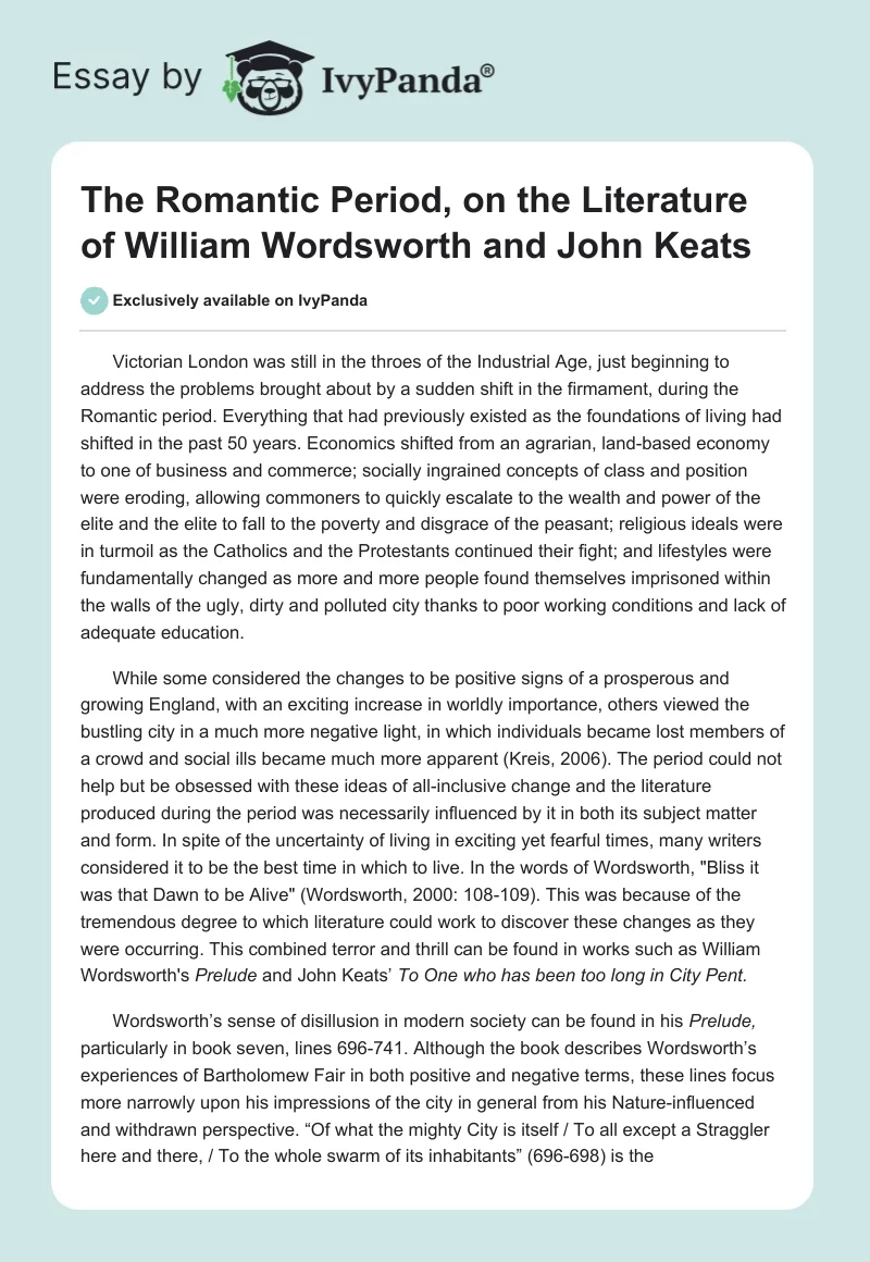 The Romantic Period, on the Literature of William Wordsworth and John Keats. Page 1