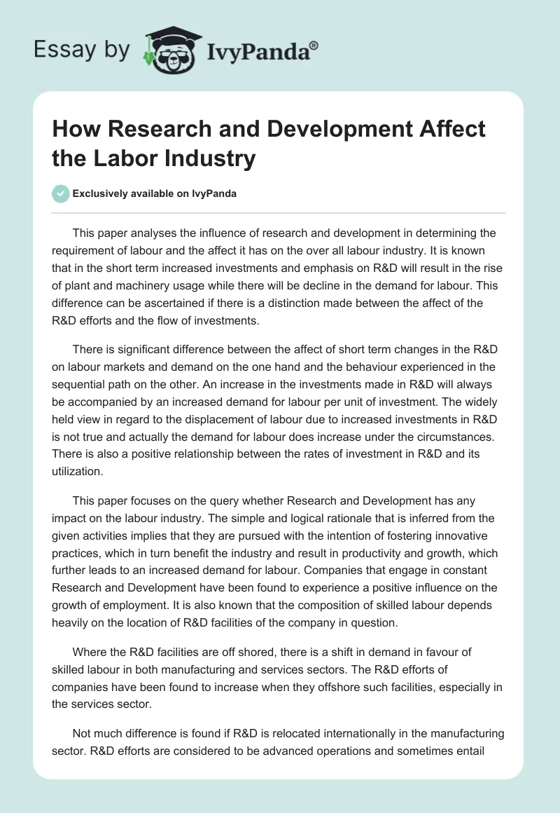 How Research and Development Affect the Labor Industry. Page 1