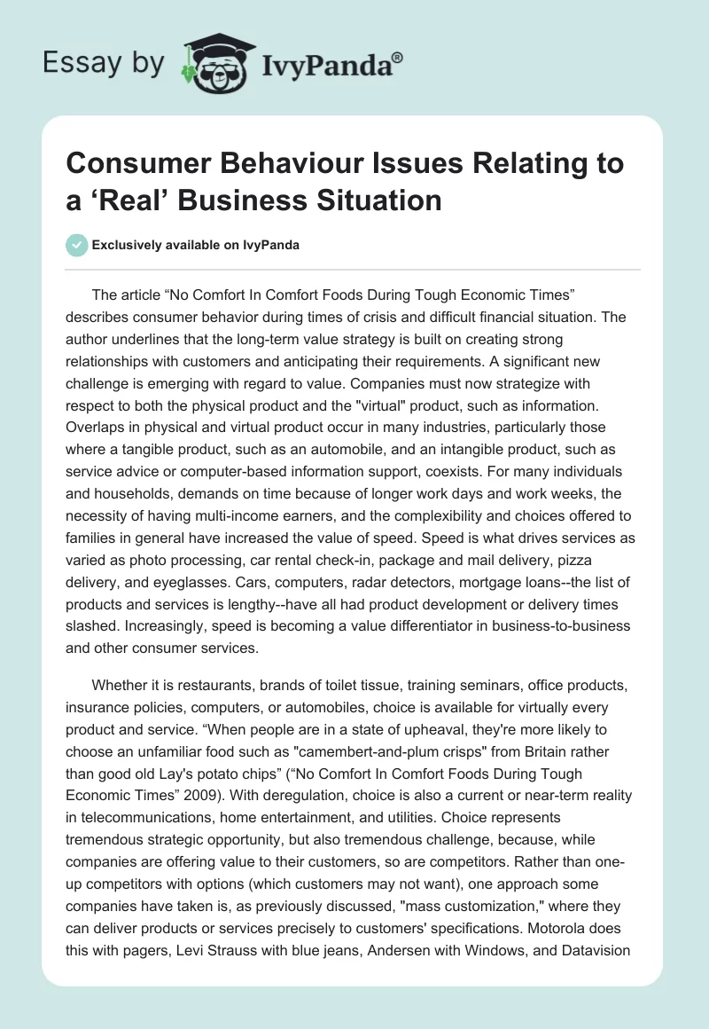 Consumer Behaviour Issues Relating to a ‘Real’ Business Situation. Page 1