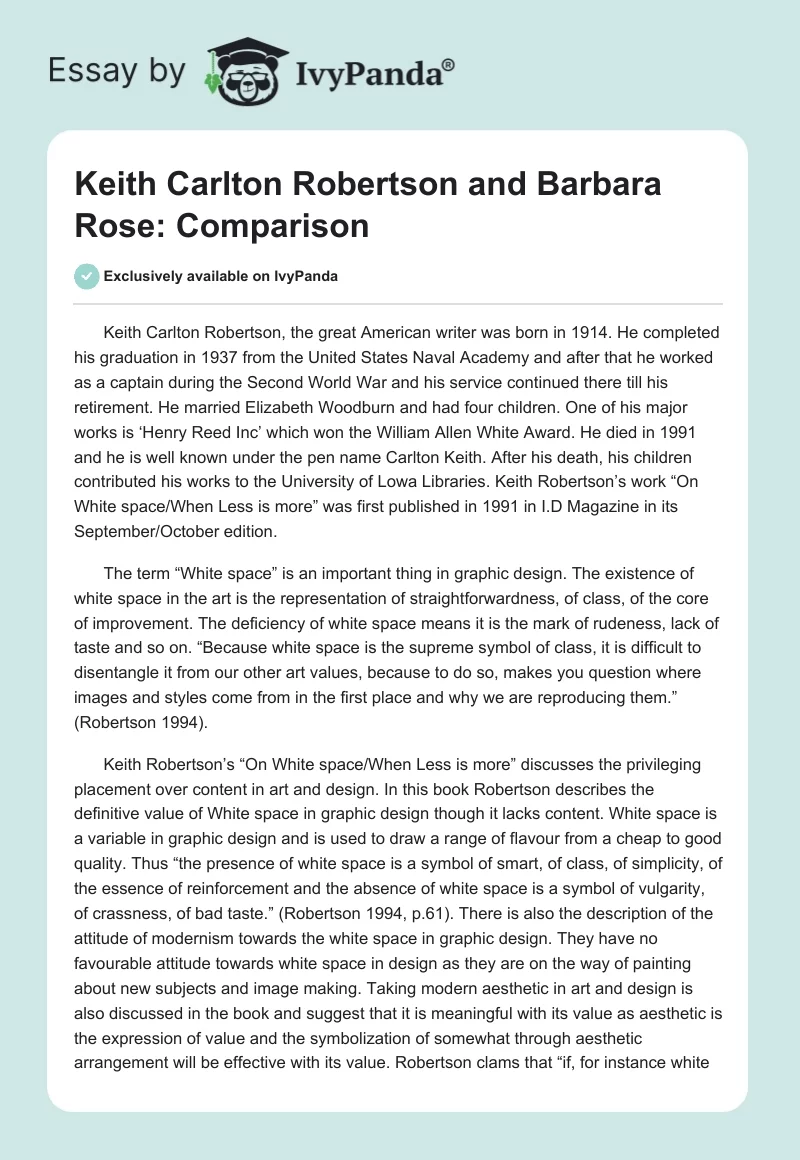 Keith Carlton Robertson and Barbara Rose: Comparison. Page 1
