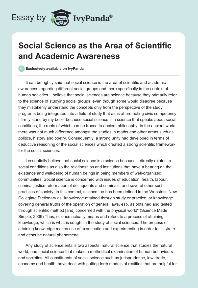 Social Science as the Area of Scientific and Academic Awareness. Page 1