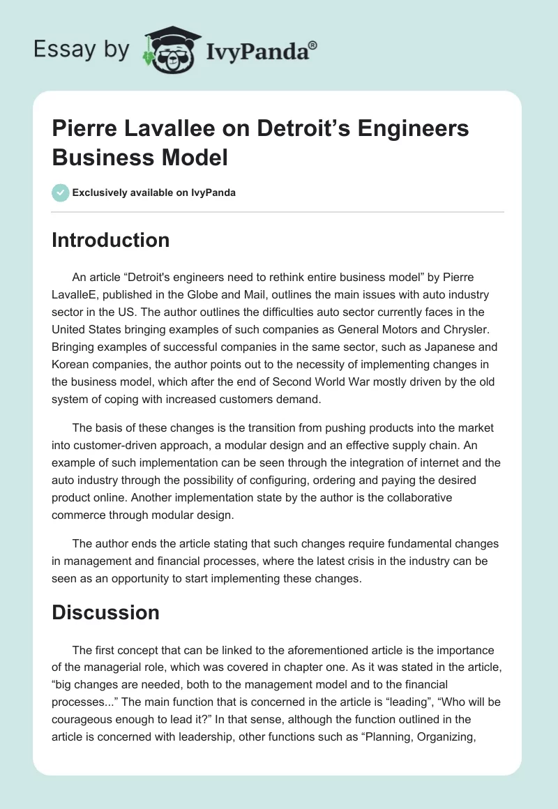 Pierre Lavallee on Detroit’s Engineers Business Model. Page 1