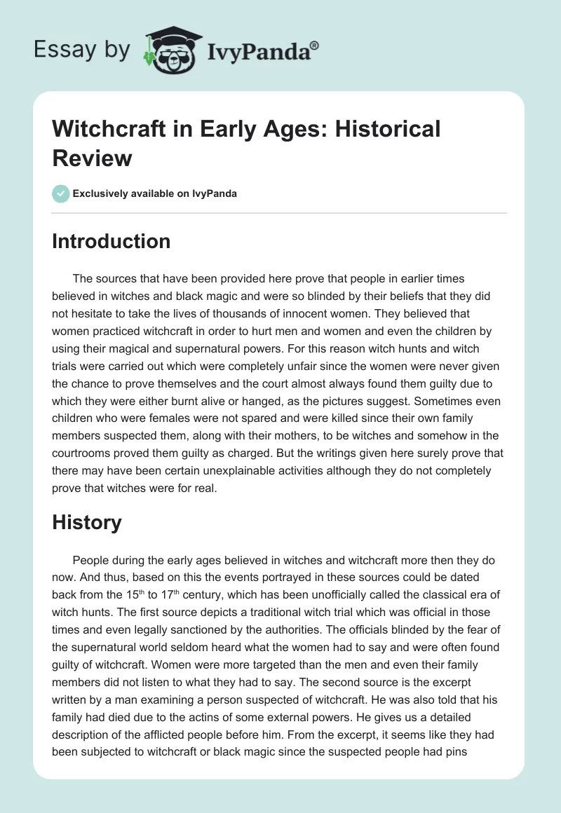 Witchcraft in Early Ages: Historical Review. Page 1
