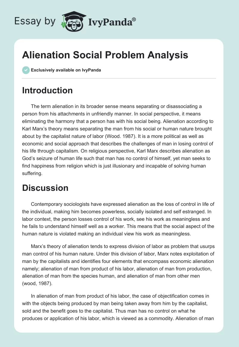Alienation Social Problem Analysis. Page 1