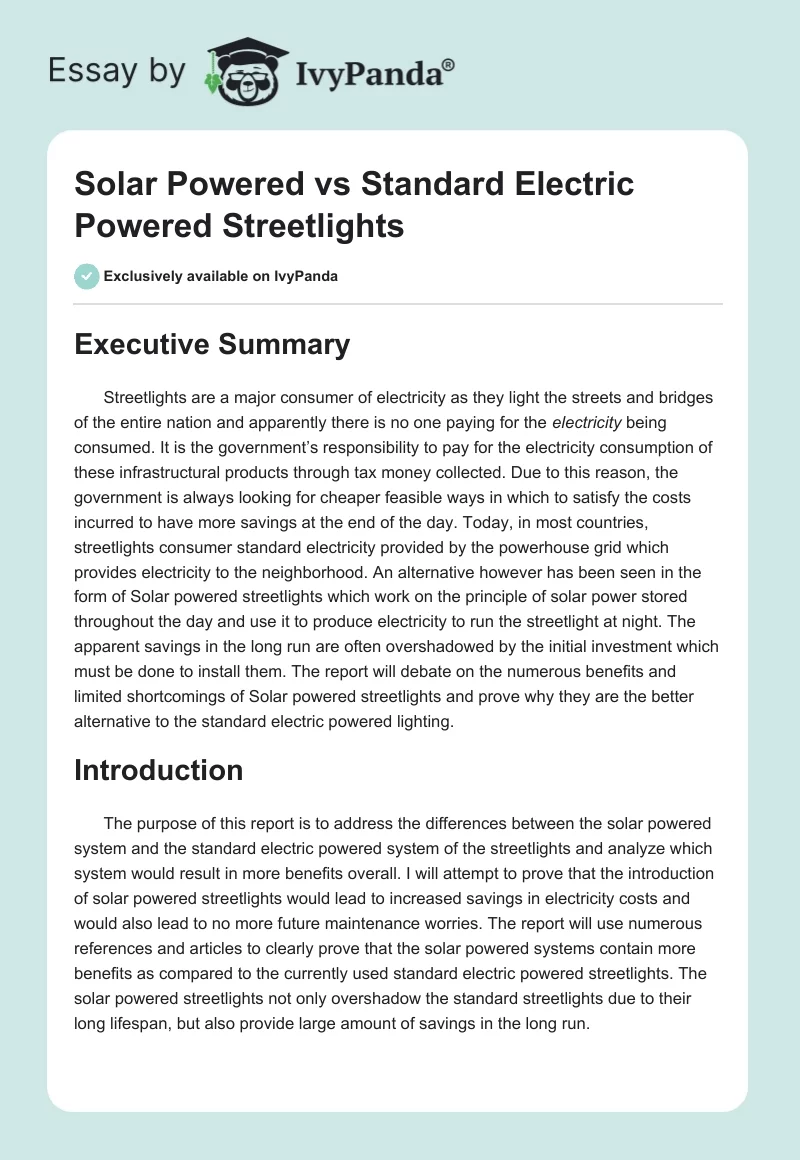 Solar Powered vs Standard Electric Powered Streetlights. Page 1