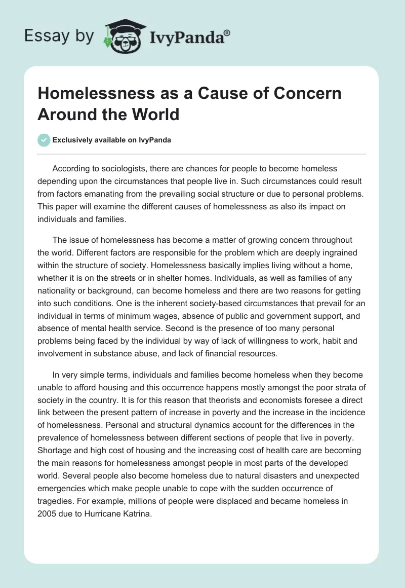 Homelessness as a Cause of Concern Around the World. Page 1
