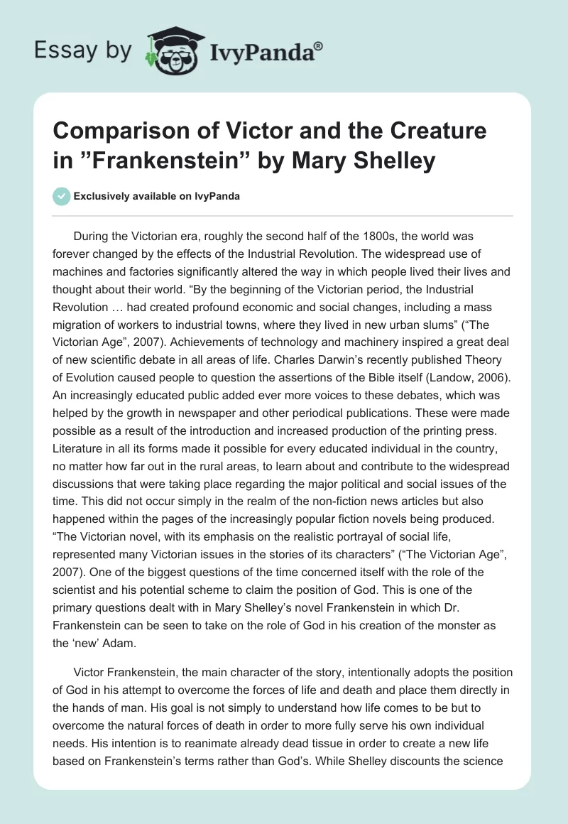 Comparison of Victor and the Creature in ”Frankenstein” by Mary Shelley. Page 1