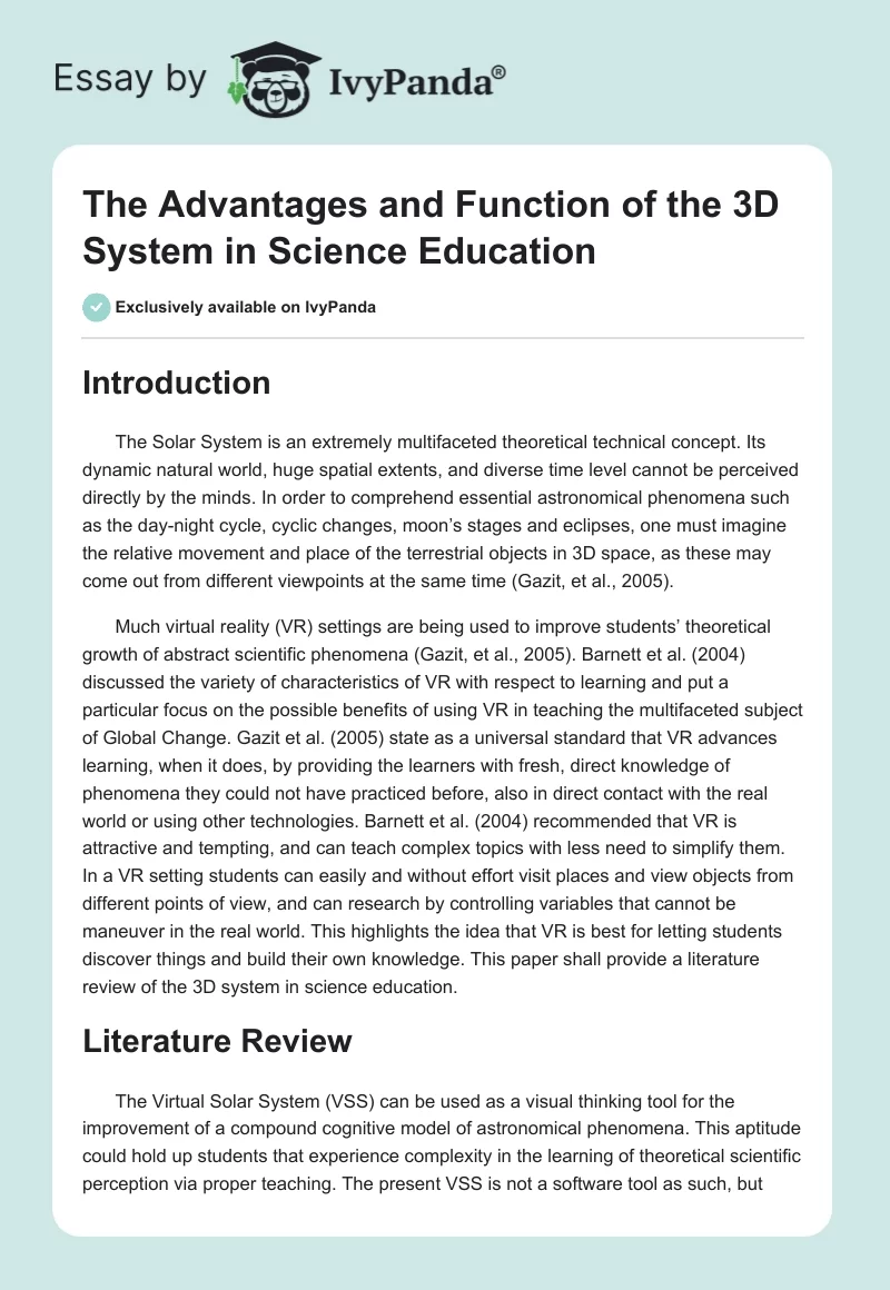 The Advantages and Function of the 3D System in Science Education. Page 1