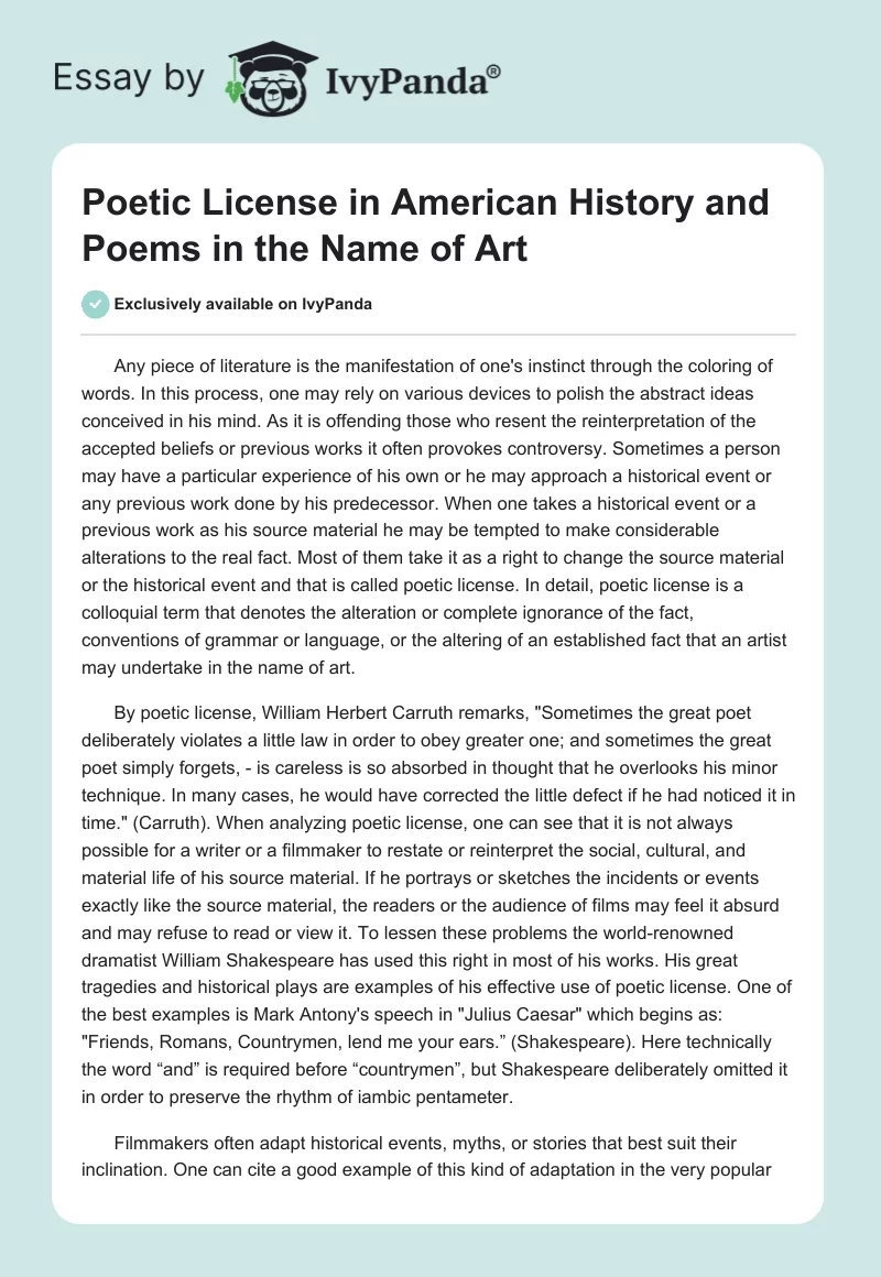 Poetic License in American History and Poems in the Name of Art. Page 1