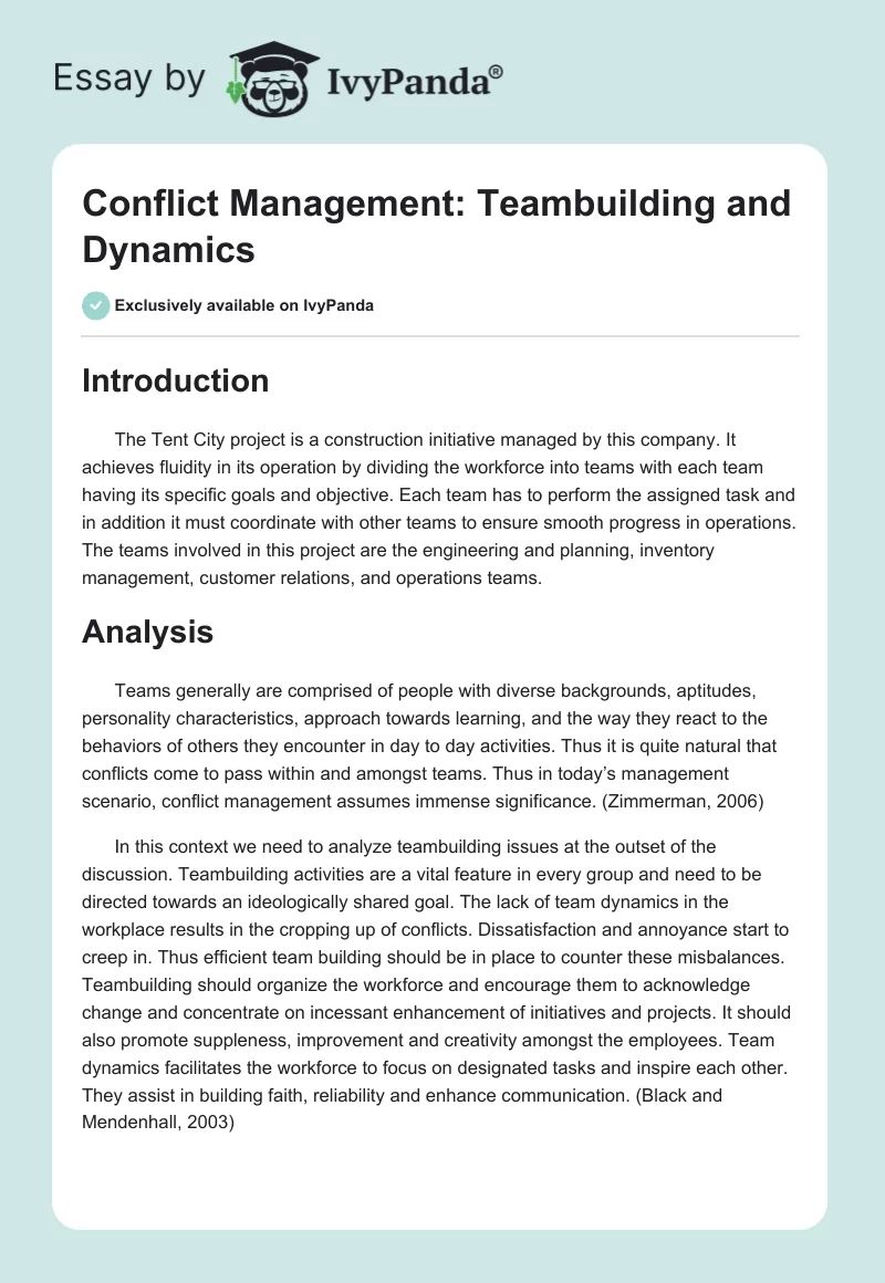 Conflict Management: Teambuilding and Dynamics. Page 1
