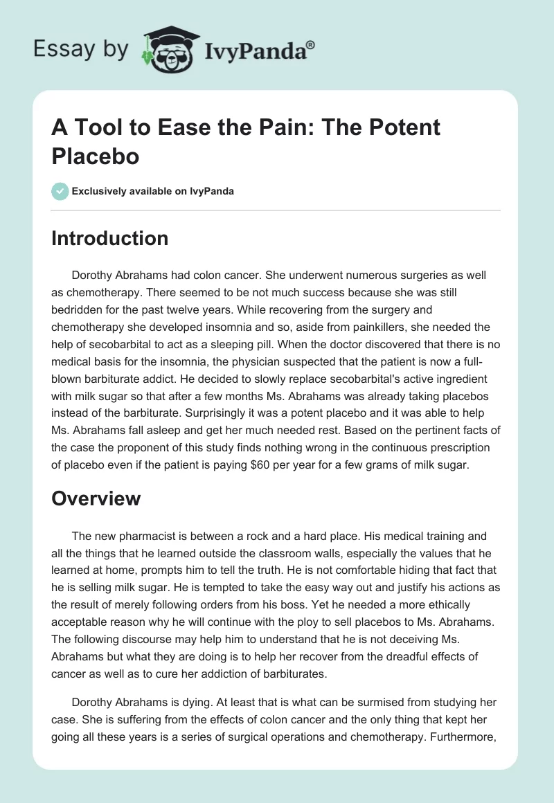 A Tool to Ease the Pain: The Potent Placebo. Page 1