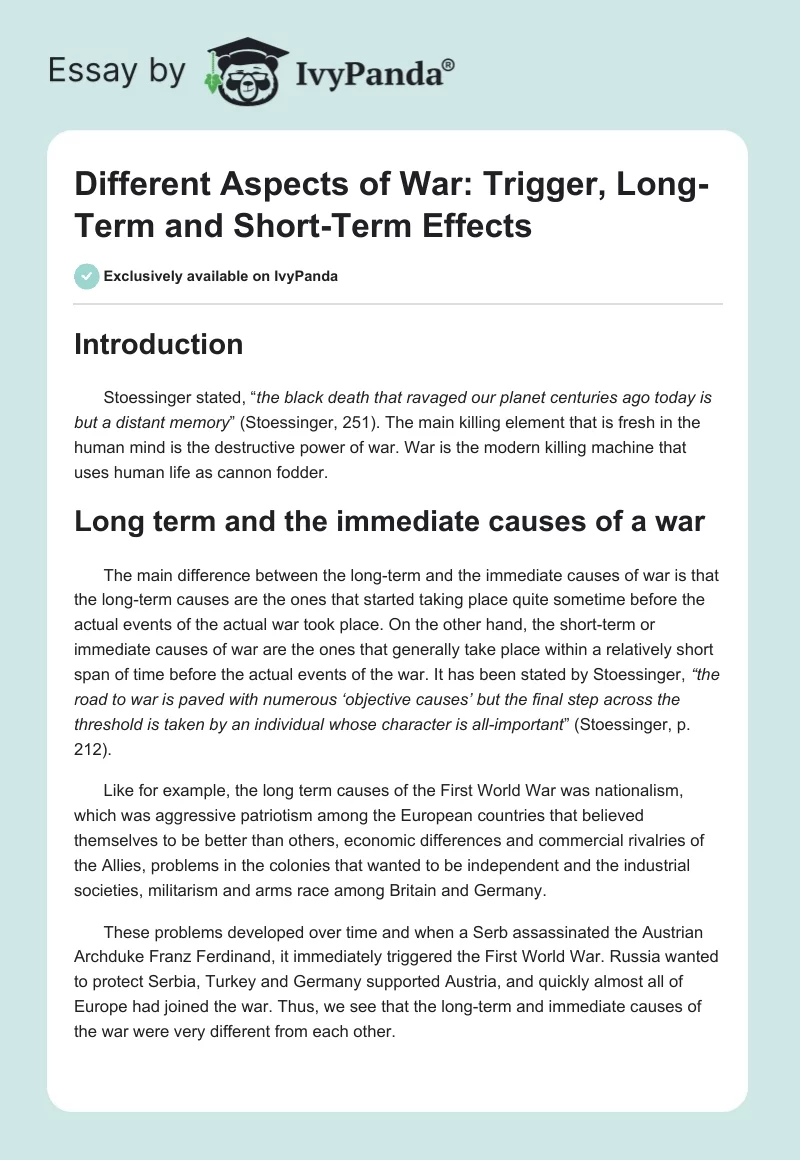 Different Aspects of War: Trigger, Long-Term and Short-Term Effects. Page 1
