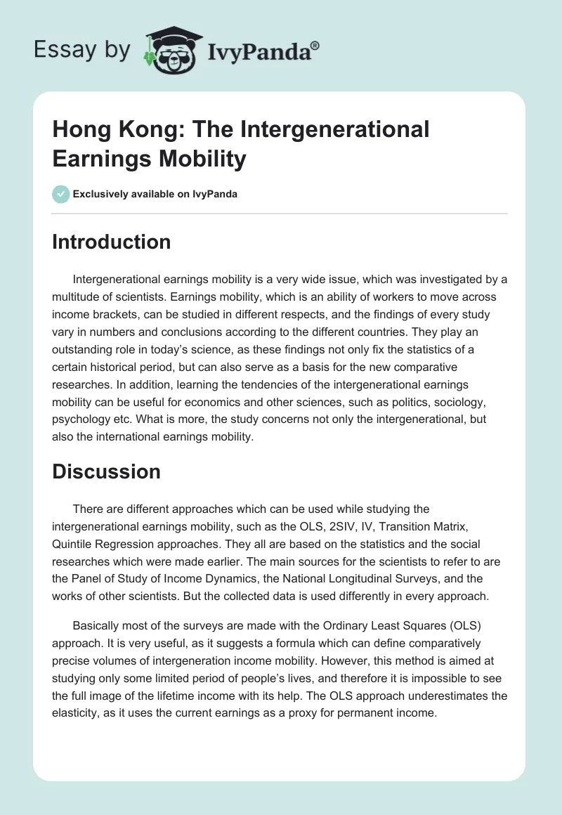 Hong Kong: The Intergenerational Earnings Mobility. Page 1