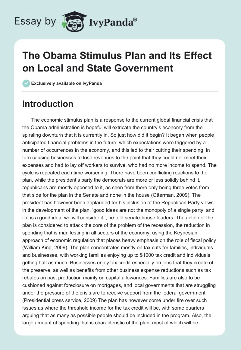 The Obama Stimulus Plan and Its Effect on Local and State Government. Page 1