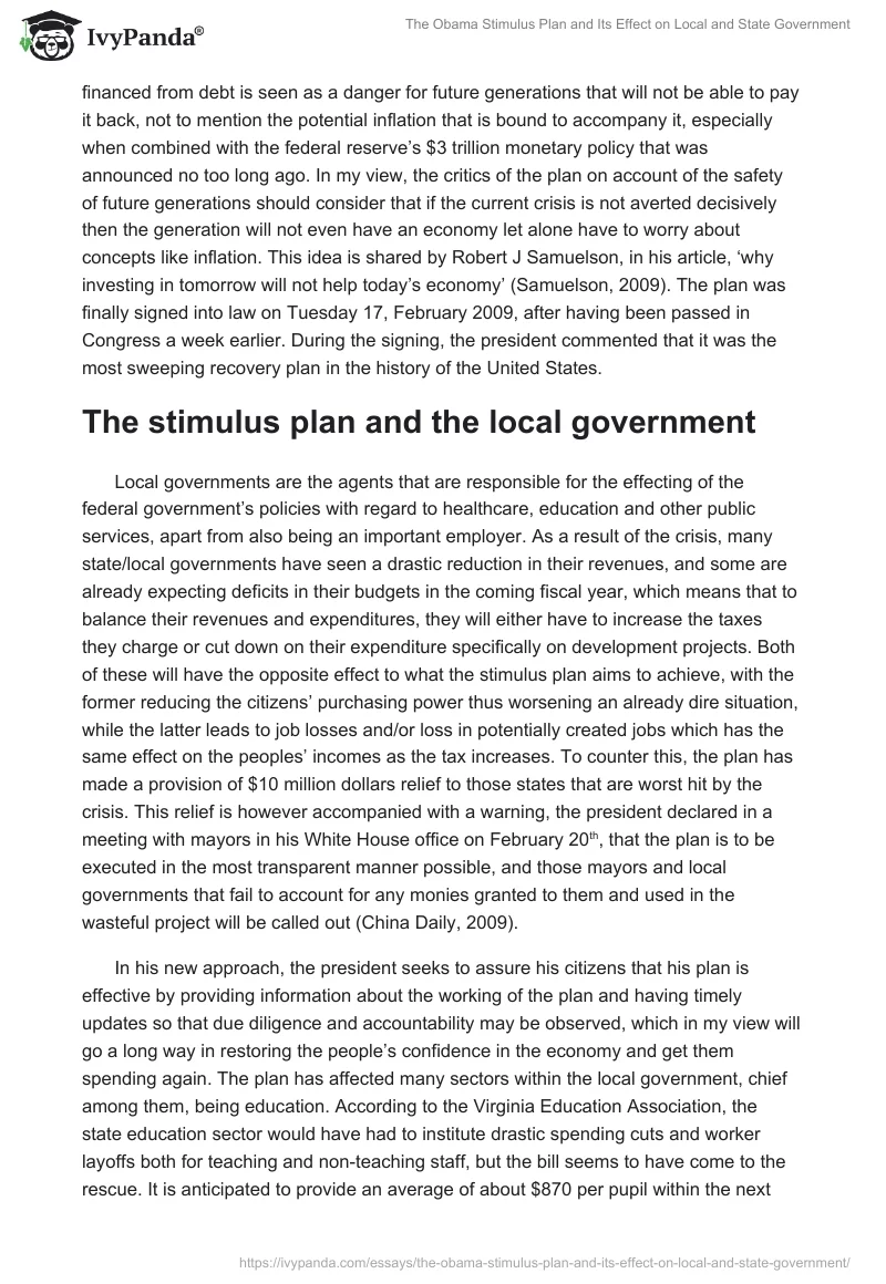 The Obama Stimulus Plan and Its Effect on Local and State Government. Page 2