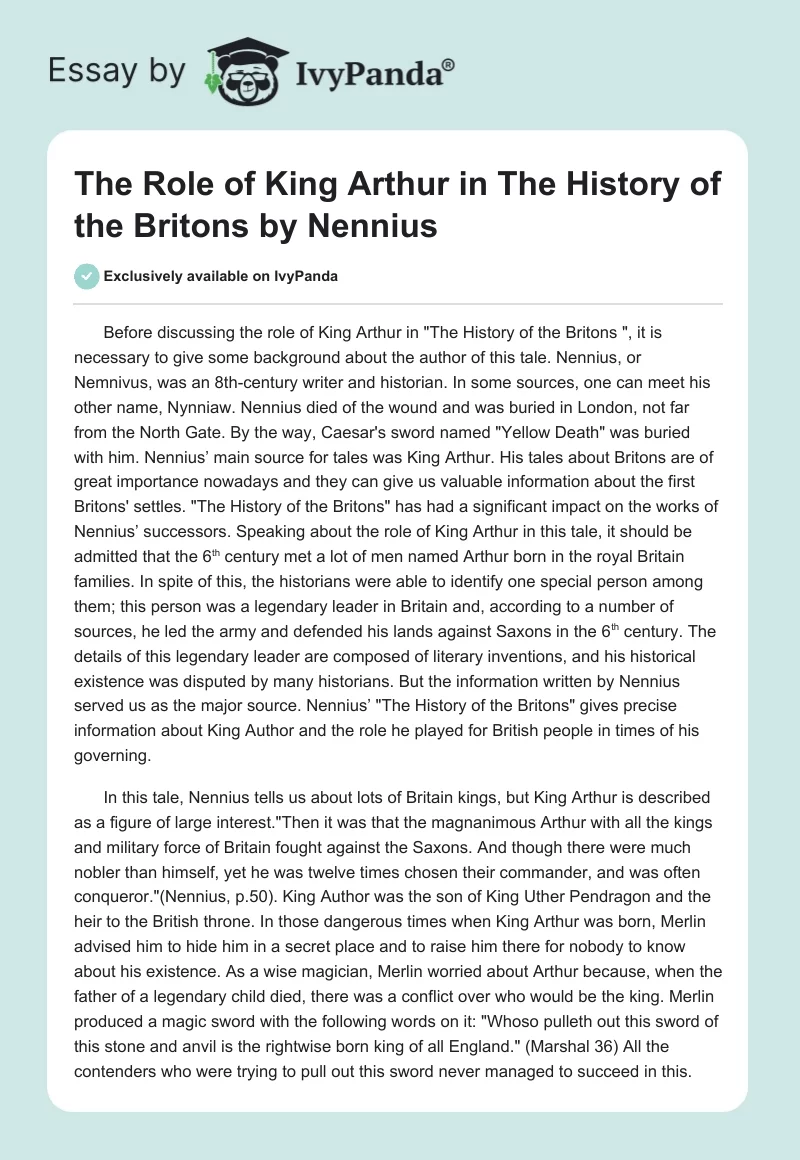 The Role of King Arthur in "The History of the Britons" by Nennius. Page 1