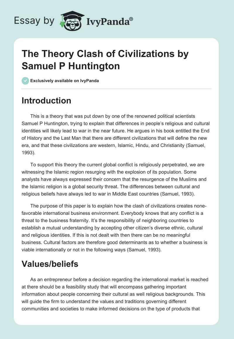 The Theory "Clash of Civilizations" by Samuel P Huntington. Page 1