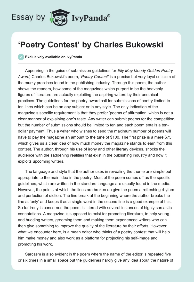 ‘Poetry Contest’ by Charles Bukowski. Page 1