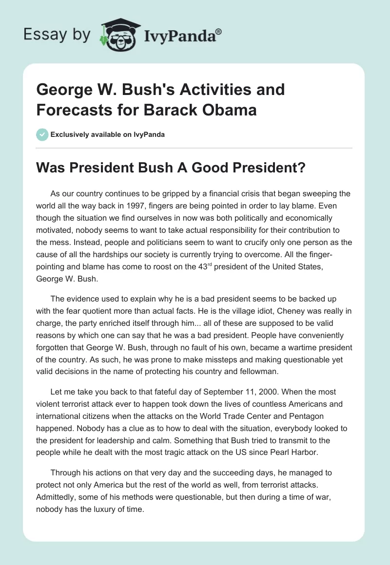 George W. Bush's Activities and Forecasts for Barack Obama. Page 1