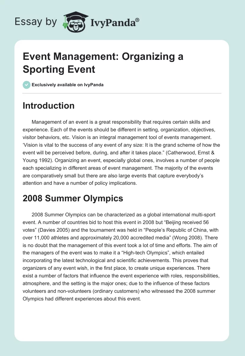 Event Management: Organizing a Sporting Event. Page 1