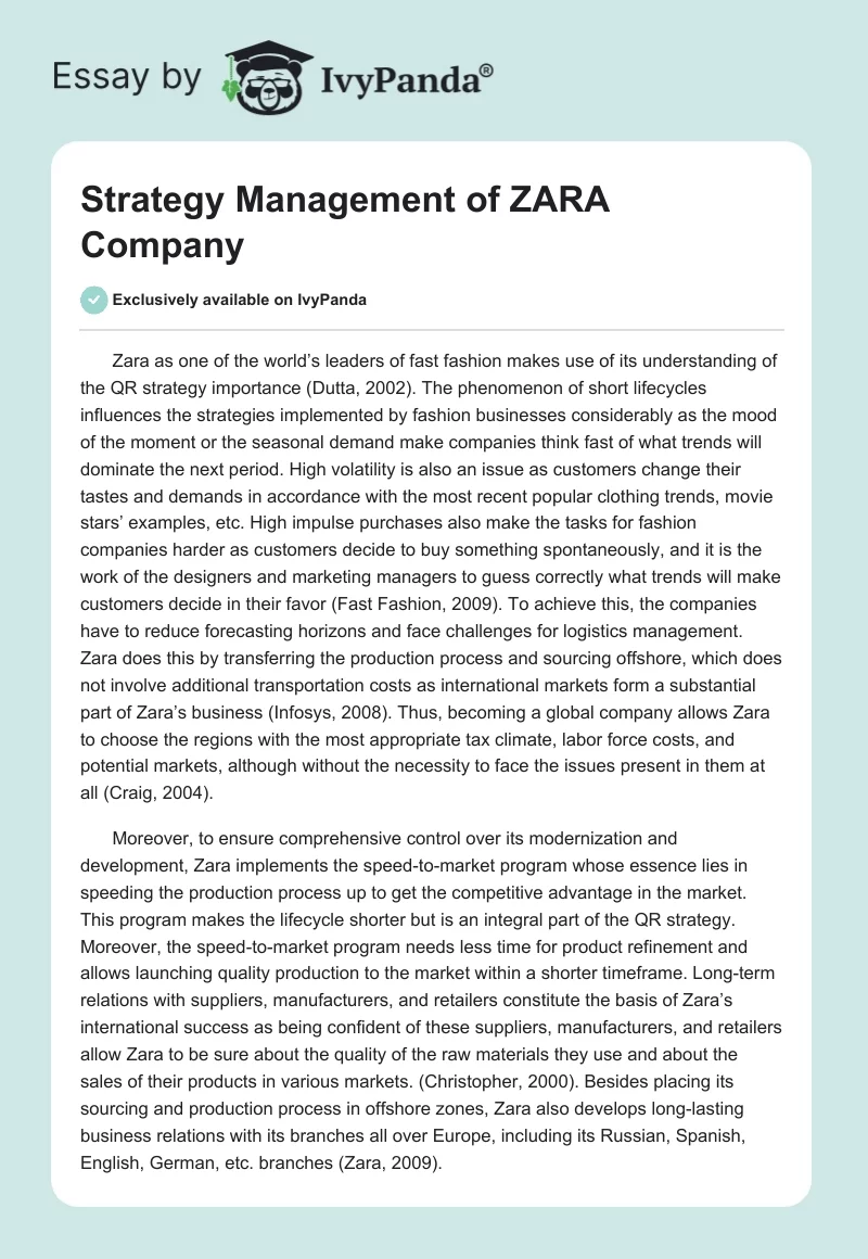 Strategy Management of ZARA Company. Page 1