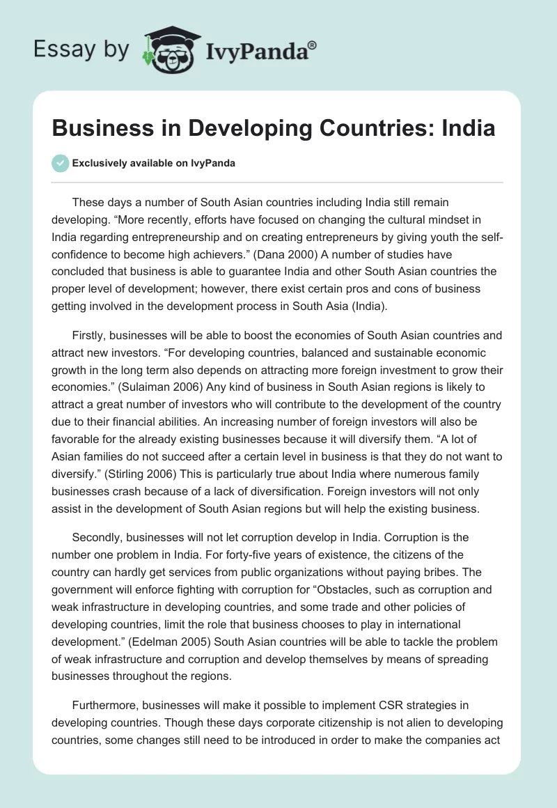 Business in Developing Countries: India. Page 1