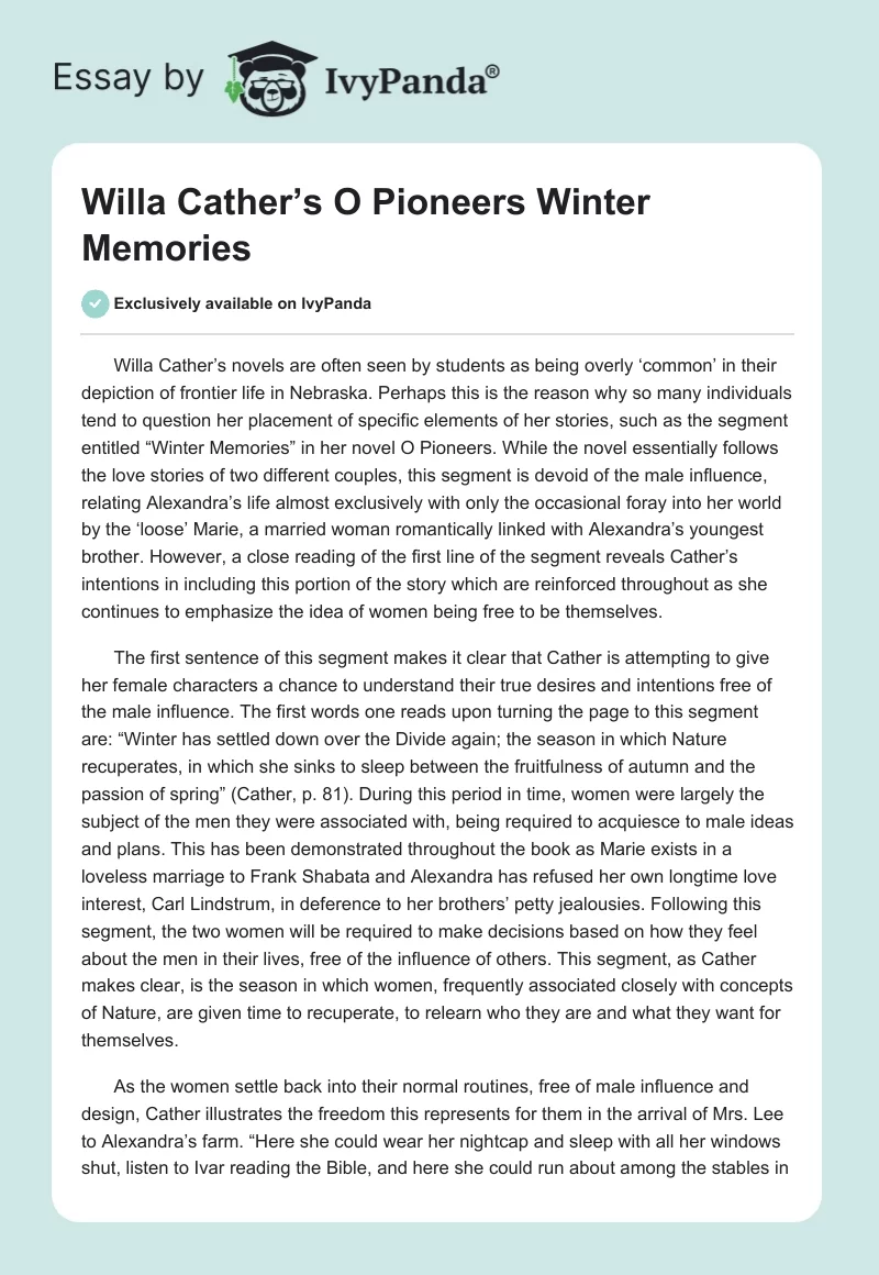 Willa Cather’s "O Pioneers" Winter Memories. Page 1