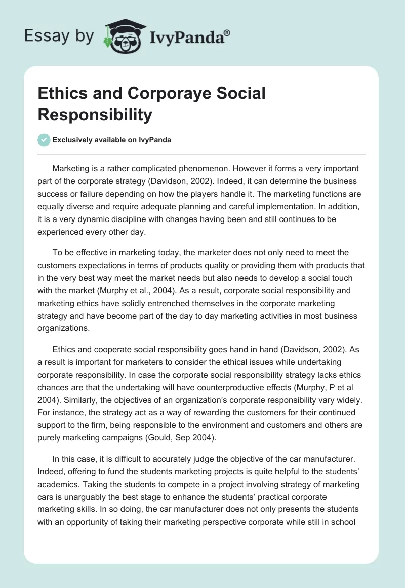 Ethics and Corporaye Social Responsibility. Page 1