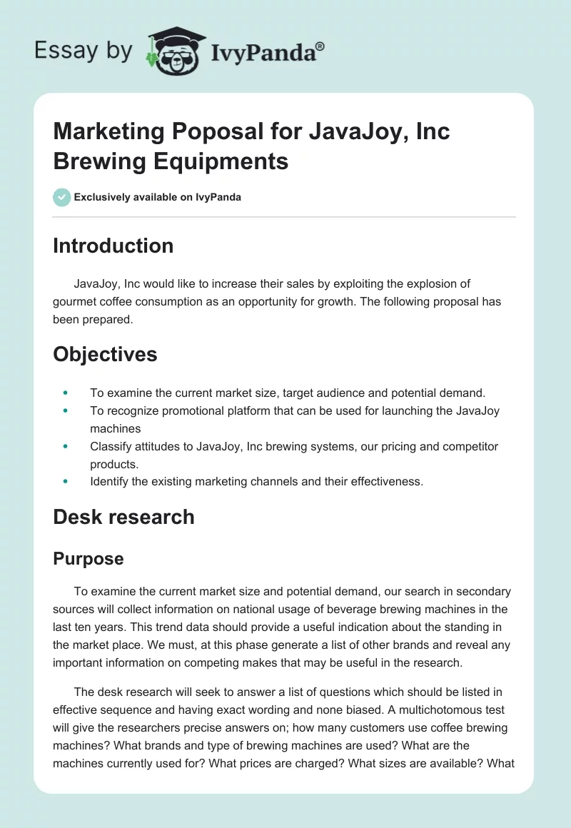 Marketing Poposal for JavaJoy, Inc Brewing Equipments. Page 1