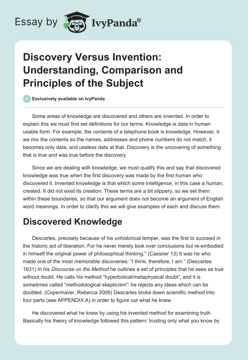 Discovery Versus Invention: Understanding, Comparison and Principles of the Subject. Page 1