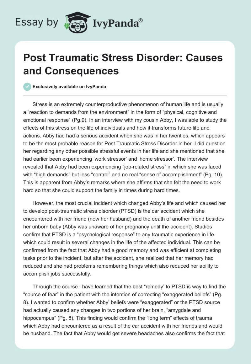 Post Traumatic Stress Disorder: Causes and Consequences. Page 1