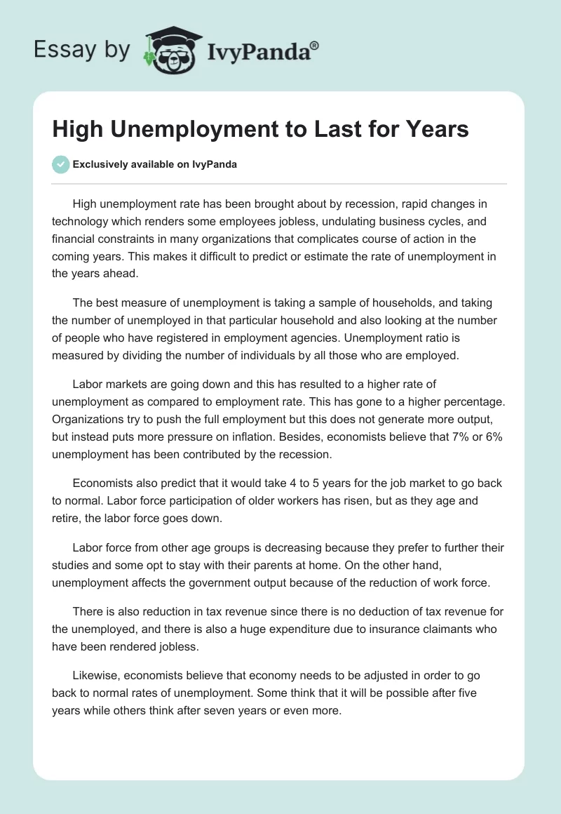 High Unemployment to Last for Years. Page 1