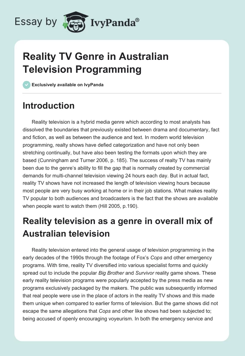 Reality TV Genre in Australian Television Programming. Page 1